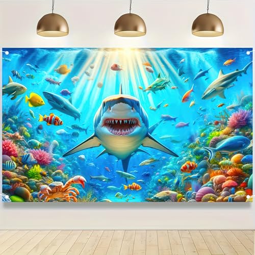 Image of Shark Fish Ocean Theme Birthday Banner - 71x43 Inch Polyester Ocean Decorations Photography Backdrop Ideal for Party Decorations Events Indoor Outdoor Use by BlissYard