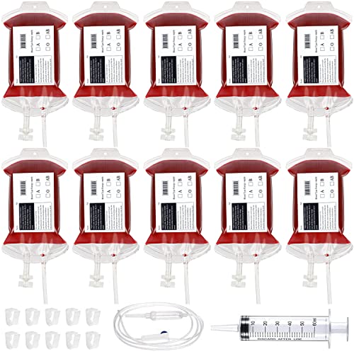 10 Stück Blutbeutel für Getränke Halloween-Party wiederverwendbare Blutbeutel Getränkebehälter mit Infusionsschlauch Spritze Clips Blutart Aufkleber für Halloween Zombie-Party (10 Pack Blutbeutel)