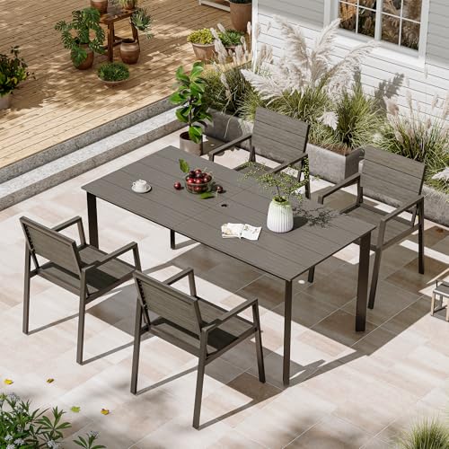 Image of Patio Table and Chairs Set, 5 Piece Outdoor Dining Set with Umbrella Hole, HDPS + Aluminum Patio Furniture Set for Garden (Gray & Teak)