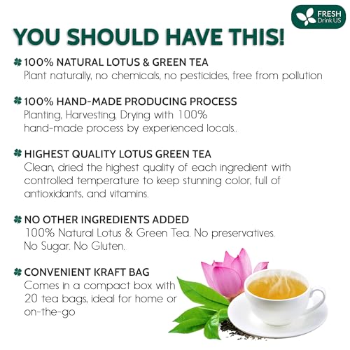 Image of FreshDrinkUS, Premium 20 Tea Bags of Lotus Green Tea, 100% Natural. Exquisite Flavor, Handpicked Leaves, Perfect for Tea Lovers. No Sugar, No Gluten, Vegan.