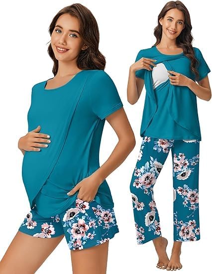 ELESOL 3 PCS Maternity Nursing Pajamas Set Postpartum Breastfeeding Short Sleeve Shirts, Pregnancy Shorts & Pants Pjs S-XXL