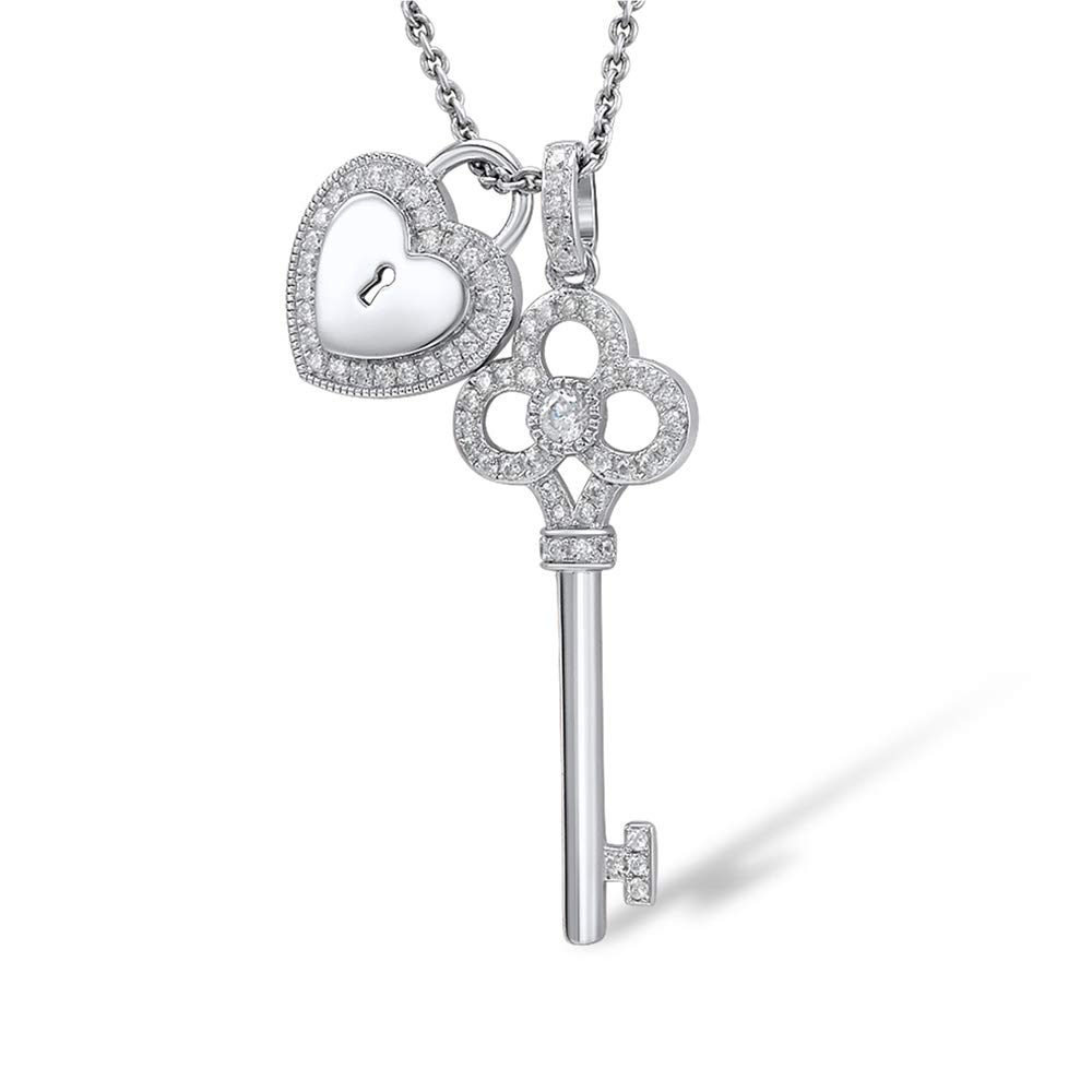 namana Collana Argento 925 con Ciondolo a Forma di Cuore e Chiave con Pietre Zirconi, Collana con Ciondoli Lucchetto a Forma di Cuore e Chiave, Collana Donna Argento 925 per Donna e Ragazza