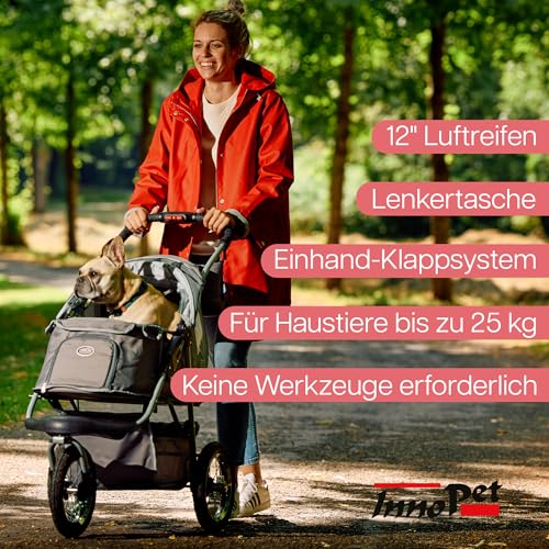 Innopet Comfort Air Eco Grauer Hundebuggy Katzenbuggy - Leichter Hundewagen mit 30cm Luftreifen - Einhändig faltbar - für alle Untergründe und im Gelände - recycelter Nylonstoff