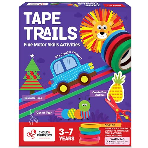 Image of Chalk & Chuckles Tape Trails Art and Craft Kit for Kids - 30+ Mess-Free Tape and Sticker Art Projects, Fine Motor and Scissor Skills Activity Book, Birthday Gift for Boys and Girls Ages 3 to 7
