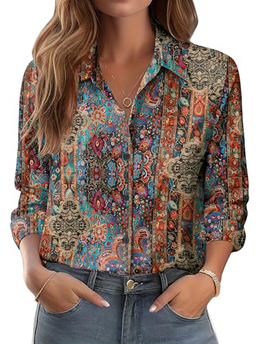 Zeagoo Women's Long Sleeve Blouse Floral Printed Shirts Button Down Stretch Fitted Wrinkle Free Spring Shirts Casual Party Tops for Ladies Gold Paisley S