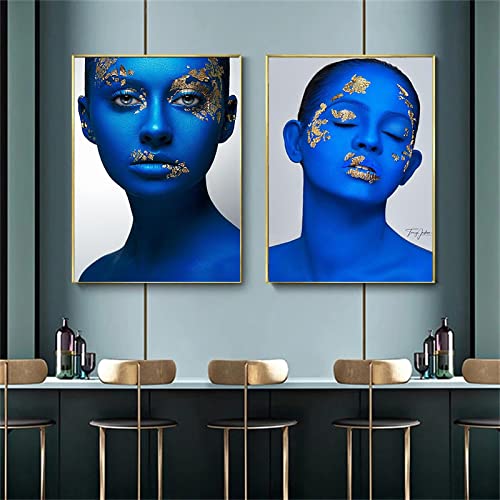 Portrait femme or bleu peinture moderne pour décoration de salon cocooning