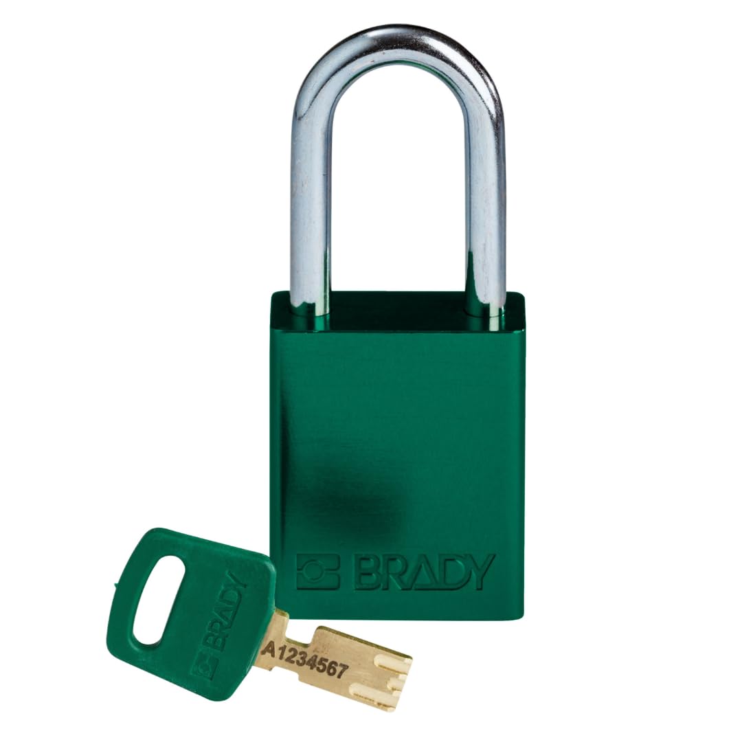 Brady SafeKey - Candado de aluminio - Candado de bloqueo con llave - Bloqueo de seguridad para uso en interiores y exteriores - Altura del grillete de 38,10 mm - Con llave diferente - Verde