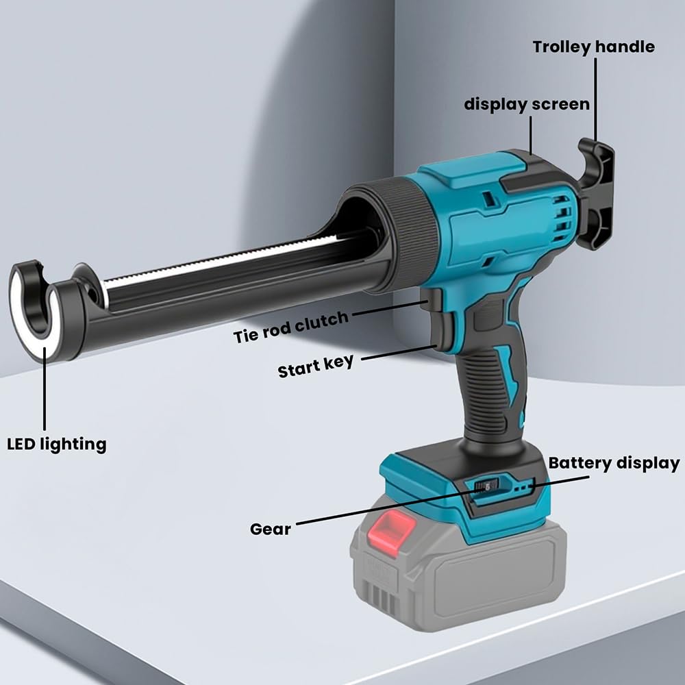 Akku Kartuschenpresse,Ersatz für Makita 18V Akku, 300ml Elektrische Silikonpistole, 6 Geschwindigkeiten, LED Licht, Anti-Tropf-System für Dichtstoff, Montagearbeiten (Ohne Akkus)