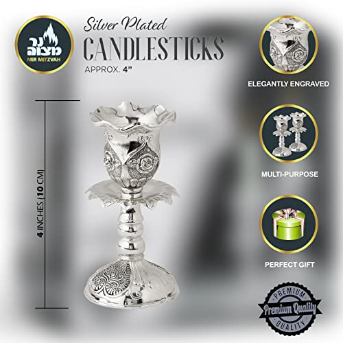 Silver Plated Candlesticks - 2 Pack Set - Pair Of 4 Inch Ornate Candle Holders With Round Base And Floral Design - By Ner Mitzvah #TOP2