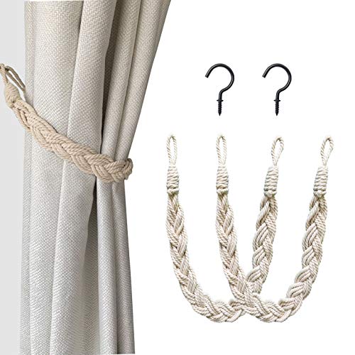 Melaluxe 2 Pack Curtain Tiebacks - Natural Cotton Curtain Rope Tieback, Handmade Rural Decorative Curtain Holdbacks (Beige)