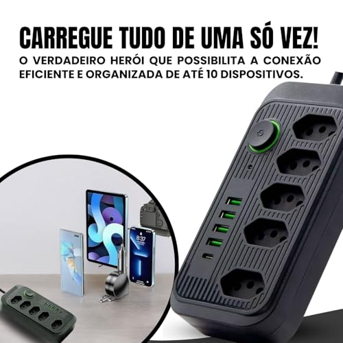 Filtro de Linha Preto Extensão Tomada Régua de Energia 5 Tomadas 4 Interfaces USB 1 Porta USB Tipo C