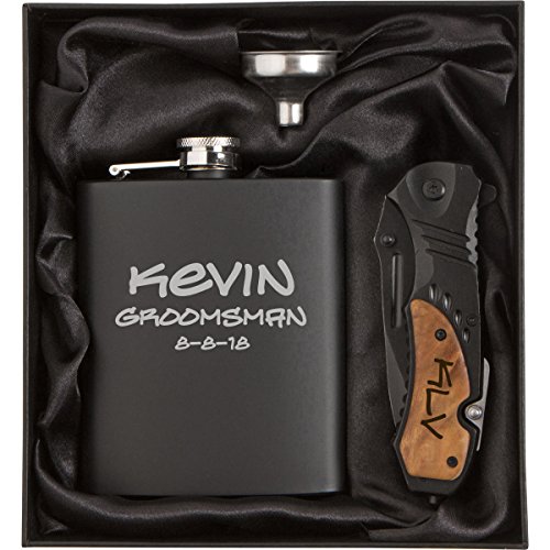 Engraved 7oz Stainless Steel Flask Funnel Rescue Knife Gift Box Set Custom Personalized