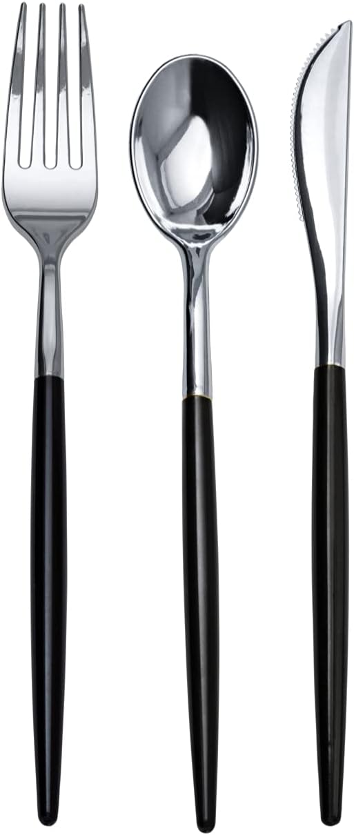Trendables 120 Pack Disposable Silverware Set - Silver & Black Plastic Cutlery - Includes 40 Forks, 40 Spoons, 40 Knives - Party Set