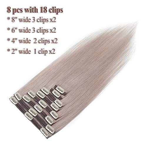 Image of Benehair 18inch 140g Clip in Hair Extensions Real Human Hair Highlighted Grey Thick Double Weft for Women Remy Hair Seamless 18 Clip ins 8pcs Long Straight Hairpieces for Full Head