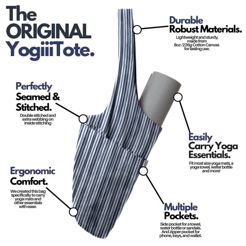 Yogiii Yoga Mat Bag | The Original Yogiiitote Yoga Bag | Sling Mat Tote W/Large Side Pocket & Zipper Pocket | Yoga Mat Carrier Fits Most Size Mats (Striped Denim Blue) #TOP1