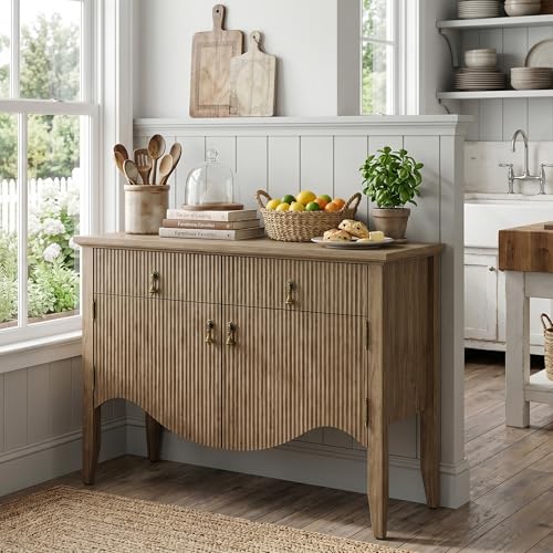 Image of FUSUNBAO 40 inch Fluted Buffet Storage Cabinet, Sideboard Credenza,Light Oak | Retro,Storage Cabinet,Fluted Sideboard Credenza, 2 Drawer, Accent Bar Cabinet, For Living Room, Dining Room, Entryway