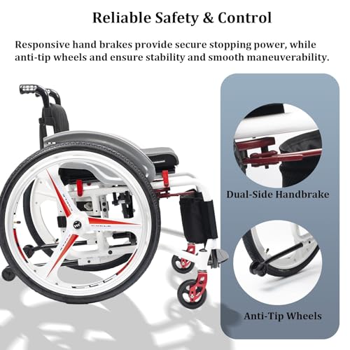 Image of Portable Aluminum Folding Wheelchair, Lightweight Manual Sports Chair with Anti-Tipper, Quick Release Rear Wheels(B,43cm /16.9in Seat)
