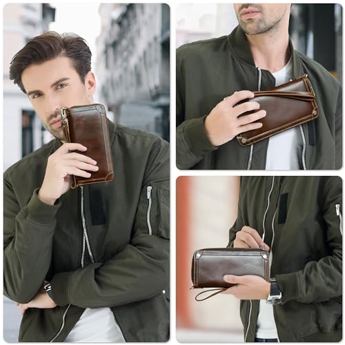 Image of Top Grain Genuine Oiled Leather Clutch Wallet for Man & Woman, Handmade Vintage Design, Multi Pockets & Slots & Detachable Wristlets, RFID Large Capacity for Cards /Checks /Money /Passport, Red Coffee