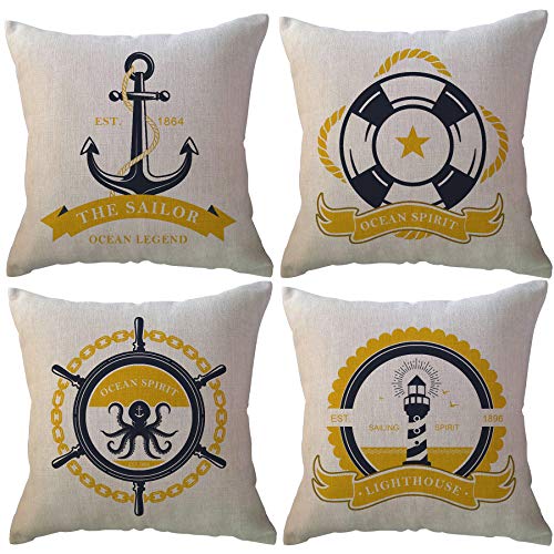 ULOVE LOVE YOURSELF 4Pack Coastal Sailing Throw Pillow Covers Navigation Anchor-Lighthouse-Rudder-Life Buoy Ocean Decor Cushion Covers Nautical Beach Decorative Pillowcases 18×18 Inch(Yellow)