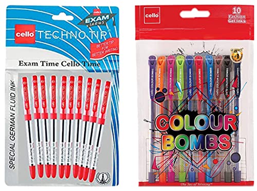 Image of Cello Technotip Ball Pen Set, Red, Set of 10 Colour Bombs coloured ink Gel pens - Pack of 10