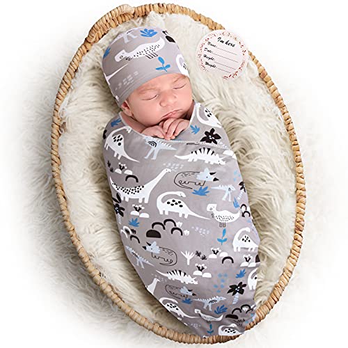 Image of Soft Baby Swaddle Blankets Hat Set for 0-3-6 Months Boy Girl, Elstey Stretchy Newborn Receiving Blanket, Infant Nursery Swaddling Blankets, Swaddles Wrap for Babies, Photography Props Gift (Dinosaur)