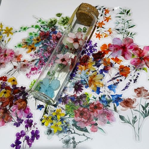 50PCS Cute Flower Stickers Natural Flower Themed Transparent Stickers for Scrapbooking Self-Adhesive Scrapbooking Stickers Supplies Journal Stuffers for Adult Card Making Letters DIY