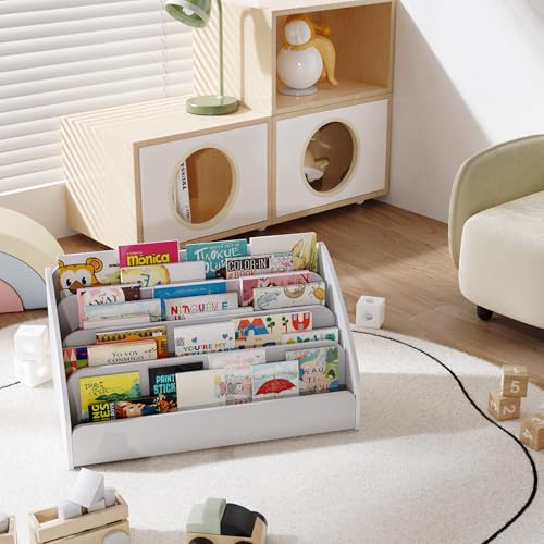 Image of Lkeiyay 4-Tier Small Wooden Kids Bookshelf for Toddlers, White Space-Saving Book Storage Organizer, Children's Book Rack for Nursery & Kids Room