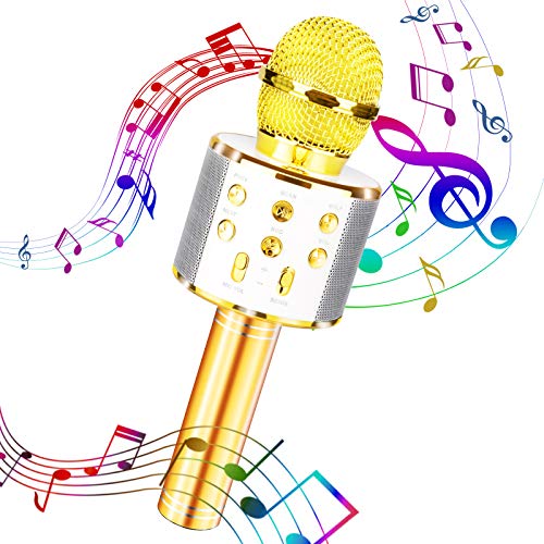 Wireless Microphone Olycism 5 in 1 House Party Wireless Bluetooth Karaoke Microphone with LED Light Portable Karaoke Machine for Kids Birthday Party TV KTV (Golden)