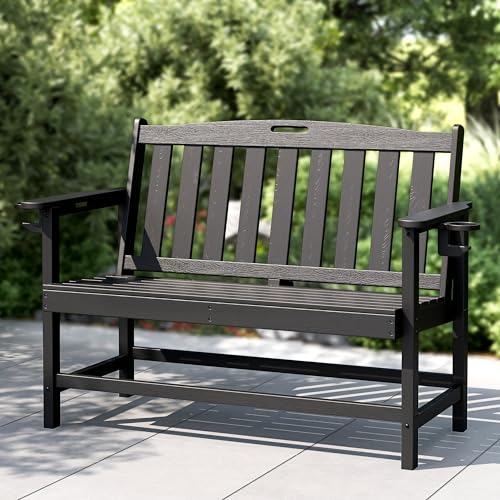 PHI VILLA HDPE Outdoor Bench with Cup Holders 700 Lbs Capacity Black