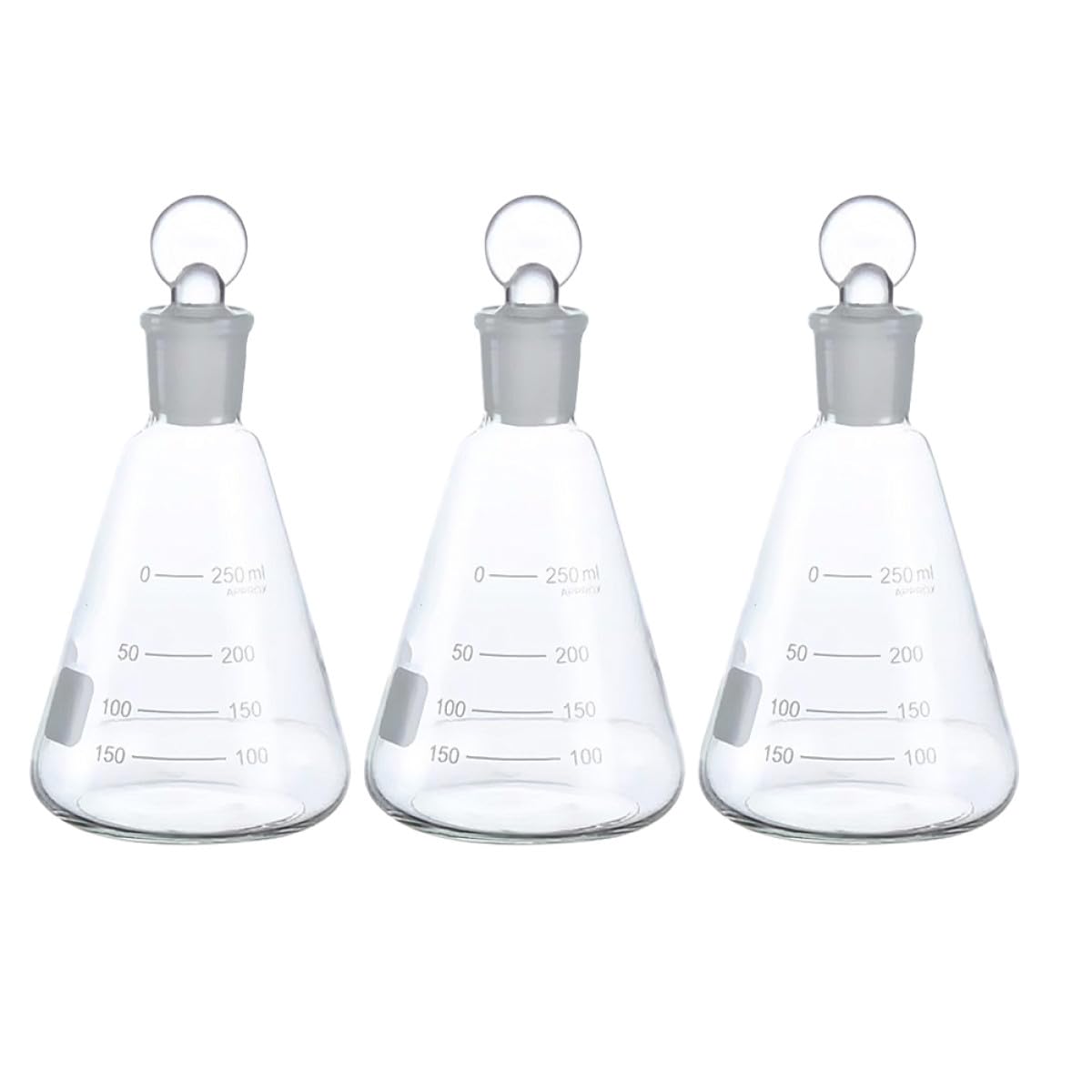 3pcs 250ml Glass Conical Laboratory Flasks with Stoppers Thickened Borosilicate Experimental Flasks for School and Scientific Use