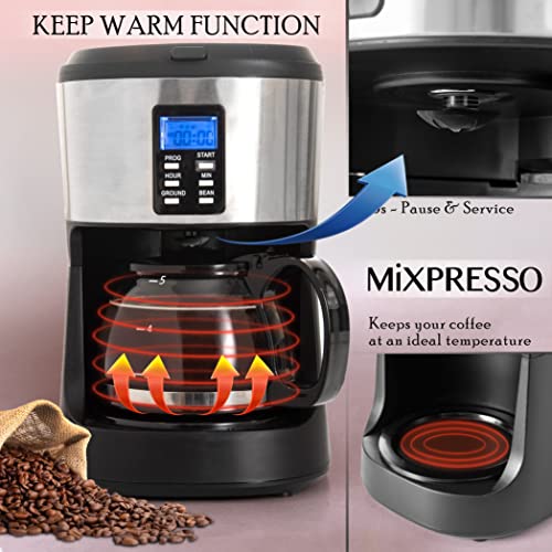 Image of Mixpresso 5-Cup Drip Coffee Maker, Automatic Brew Coffee Pot Machine with Built-In Burr Coffee Grinder, Programmable Smart Coffee Maker with Timer With Glass Carafe Coffee Pot