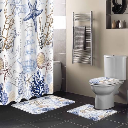Coastal Nautical Bathroom Set with Shower Curtain and Rug Accessories - 36x72 Inches Long Ocean Blue Starfish Coral Shell Vintage Stall Curtain Waterproof with Large Bath Mat,Washable Runner Rug Set