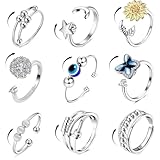 Layiexre Fidget Rings for Women Men, 9 Pcs Spinner Anxiety Rings for Anxiety Relieving Stress,Adjustable Open CZ Flower Moon Star Rotatable Rings (Silver)
