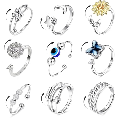 Layiexre Fidget Rings for Women Men, 9 Pcs Spinner Anxiety Rings for Anxiety Relieving Stress,Adjustable Open CZ Flower Moon Star Rotatable Rings (Silver)