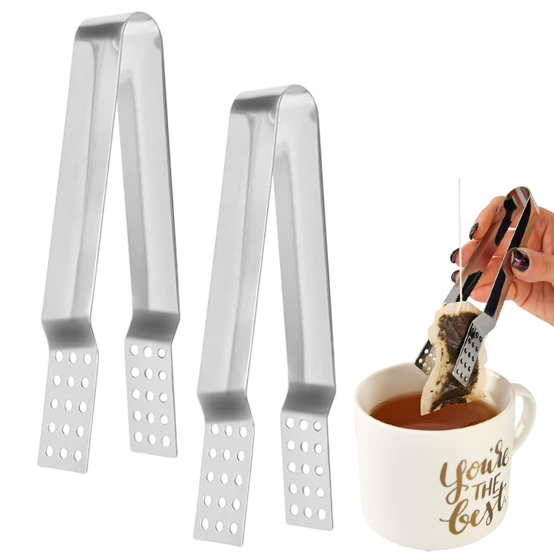 2 piezas Plata Pinzas Exprimidoras de Bolsitas de Té, Organizador de Bolsitas de te, Infusionador Bolsas, Accesorios Colador Dispensador Acero Inoxidable para Amantes del Té Regalos