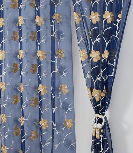 Image of Homefab India Embroidery Floral Net Transparent Sheer Curtain - 5X4 Feet, Window Curtains, Navy Blue, Pack of 1 Pc