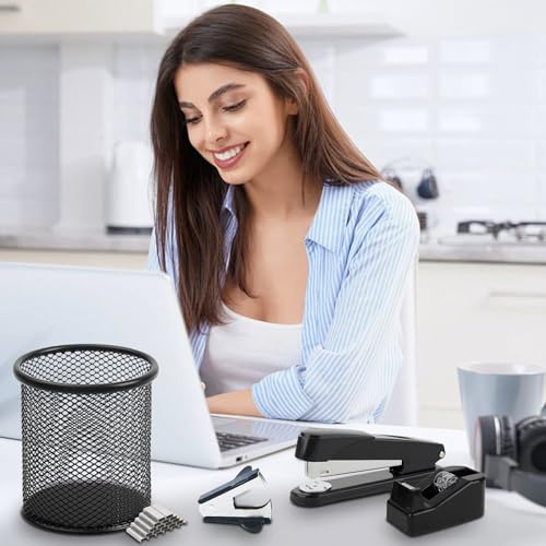 Bürobedarf Set,schreibtisch organizer,Büroartikel Set 10 Kit mit Tacker Büro,1000 Heftklammern,Klebebandhalter, Entklammerer, Schere, zwei Rollen Klebeband, büro zubehör (Schwarz)
