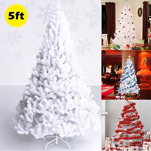 Happygrill 5FT White Christmas Tree Artificial Xmas Tree with Solid Metal Stand White Xmas Pine Tree for Indoor Outdoor Decoration