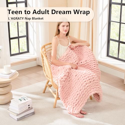 Image of L'AGRATY Chunky Knit Throw Blanket for Couch, 30'' x 40'' Knit Throw, Pink