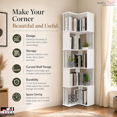 Image of Studio Kook Vista Engineered Wood Corner Bookshelf | Bookcase (Matte Finish) (Moonshine White)