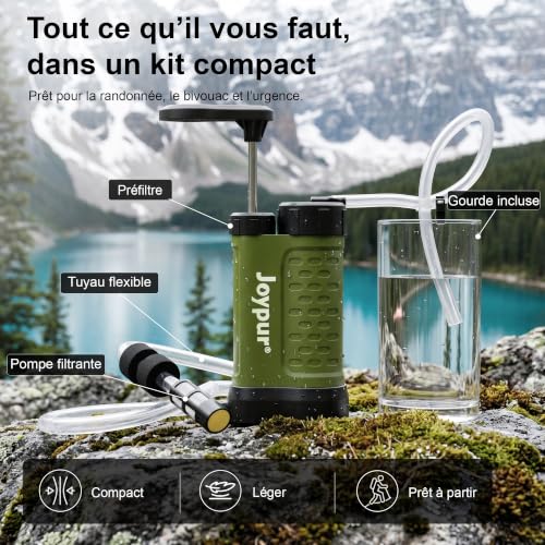 Joypur® Filtre à Eau Portable 5 Étapes 0,01 μm, Pompe Filtrante Manuelle avec Gobelet 480 ml, Préfiltre Externe, Léger 340 g, pour Randonnée, Camping, Trekking et Activités en Plein Air（K8192-green） – vue 2