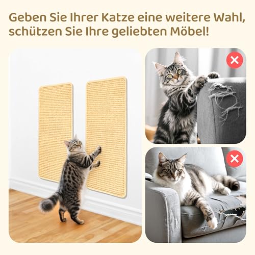 Kratzmatte Katze,2 Stück Kratzbretter Katze Wand,Sisal Teppich für Katzen, Selbsthaftender Kratzwand für Katzenz, Sisalteppich Katzen Kratzbrett,50x25cm,Beige