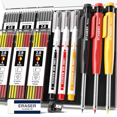 STAGEEK Tischler Bleistifte Set,Bleistift Baustelle,Tieflochmarker,3 Zimmermannsbleistifte mit 3 Markierstift [inkl.36Minen]anreißwerkzeug,mechanische Tischlerbleistifte,Holzbearbeitungs,Lochmarkierer