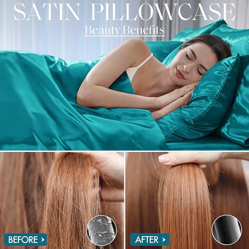 Image of Madison Park Essentials Satin Sheets Full Size Bed Set, 6 Piece, Teal | Luxury and Smooth Silky Bedding with Natural Sheen, All Around Elastic 14 inch Pocket fits up to 16 inch Mattress, Year-Round Cozy