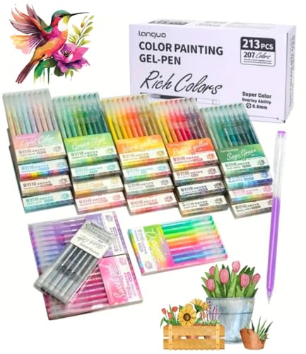 languo - Lote de 213 bolígrafos de gel, 207 colores, 24 cajas individuales. –Bolígrafo de gel adulto para dibujo, colorante misterio, garabatos artesanales scrapbooking (0,6 mm)