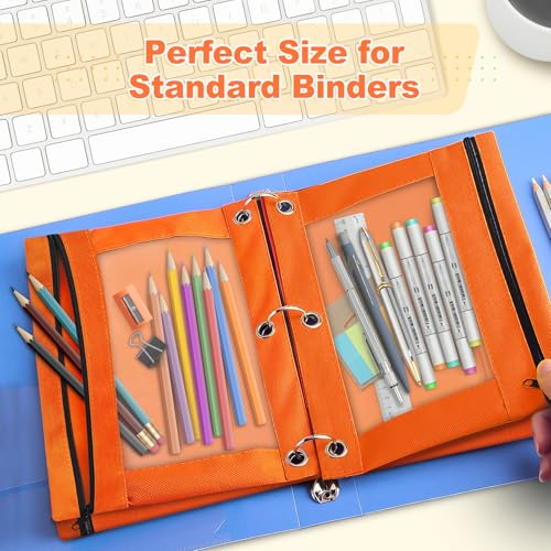 Image of Shemira Pencil Pouch for 3 Ring Binder, Binder Pencil Pouch with Smooth Zipper, Clear Window Pencil Case for Binder, Zipper Pencil Pouches, Big Capacity 3 Ring Binder Pencil Bag, Orange