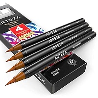 Lot De 4 Feutres Pinceaux ARTEZA Gris éléphant - Pointes Nylon Souples, Encre à Base D'eau - Pour Aquarelle, Dessin - 8