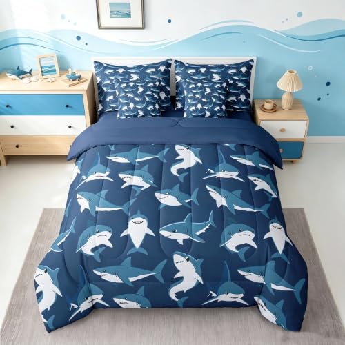 Feelyou Shark Comforter Set Full Size 7 Pieces for Kids Boys Girls