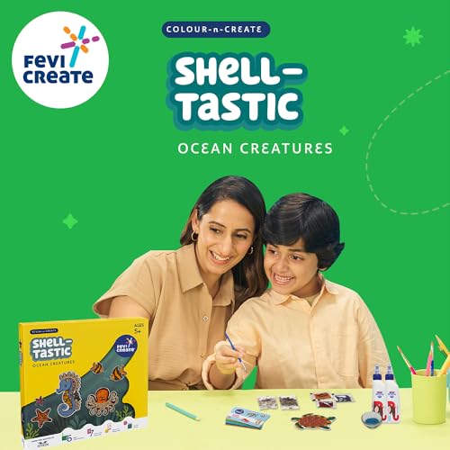 Image of Fevicreate Stick-n-Create Shell-Tastic Ocean Creatures Kit | Shell & Sand Art | Ocean Creatures | Fridge Magnets | Informative Flash Cards | Screen-Free Play | Gifting | Ages 5+