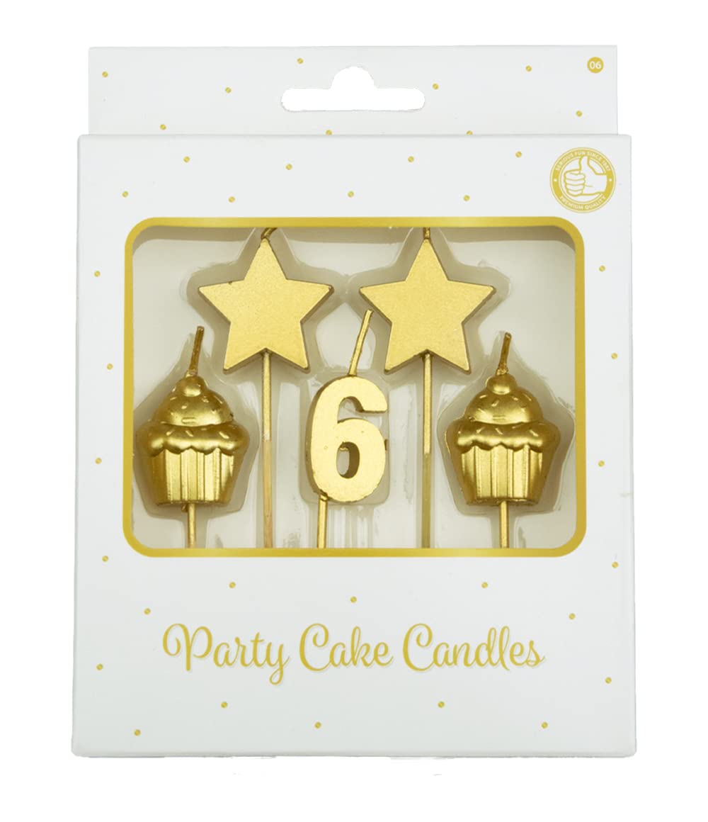 PD-Party - Birthday Candles for Cakes - Birthday Decoration - Golden Cake Candles for Birthday Parties for Children and Adults - Number Candles - Number Candle - Size 3 x 9 x 1 cm - 6 Years